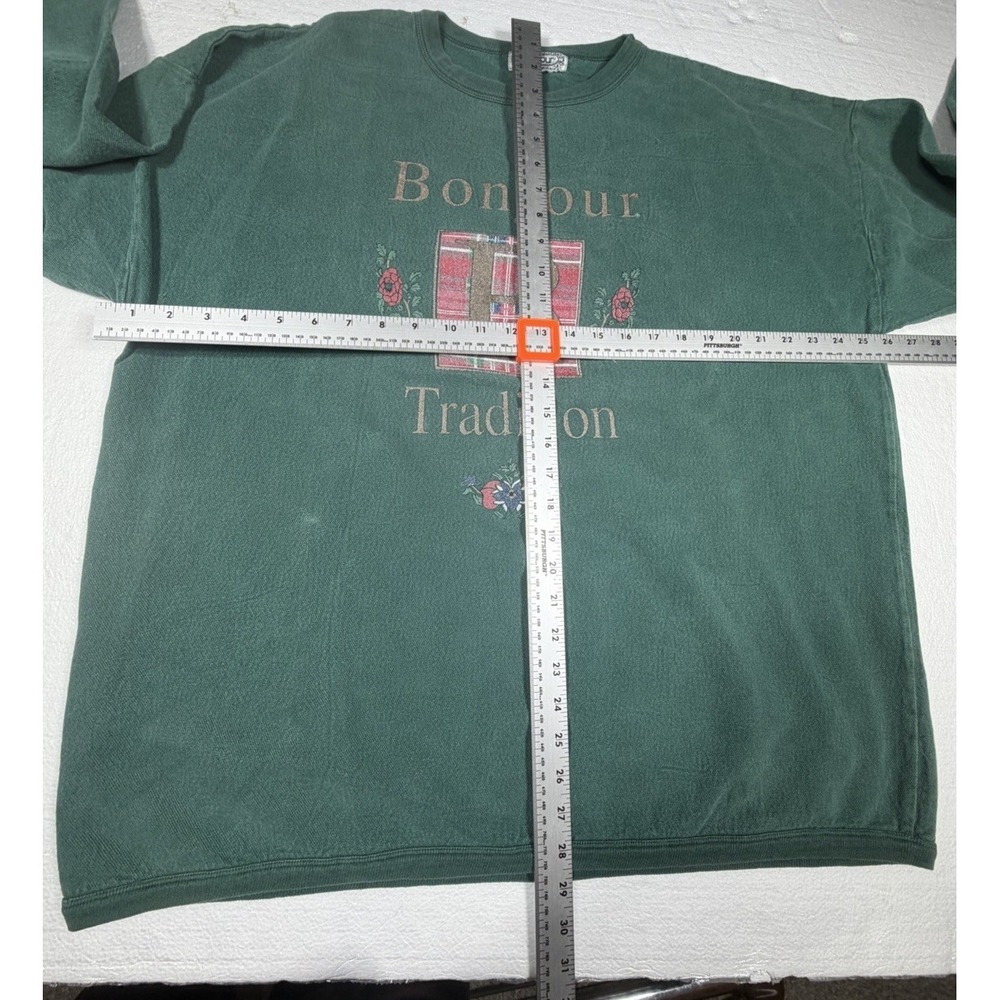 Vintage 90s Bonjour Tradition 22/24 Sweatshirt Plaid Distressed Green No Stretch - Picture 10 of 15